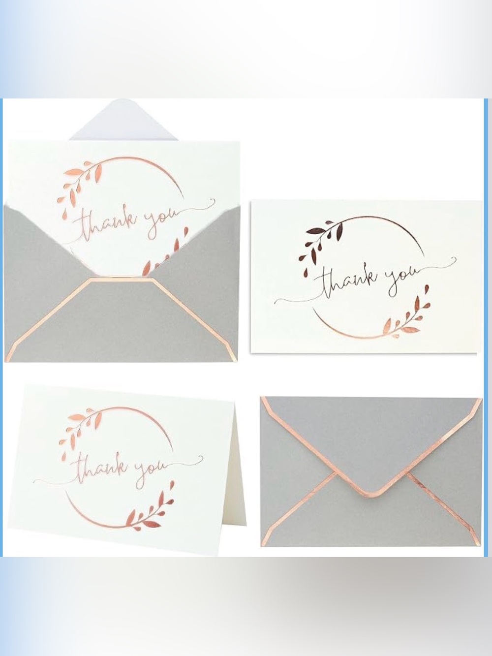 Elegant Rose Gold Leaf Thank You Cards with Gray Envelopes - 36 pack
